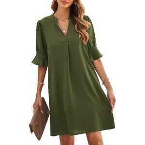 Women Green 100% Polyester V-Neck Loose Fit Short Sleeve Knee Length Shift Dress